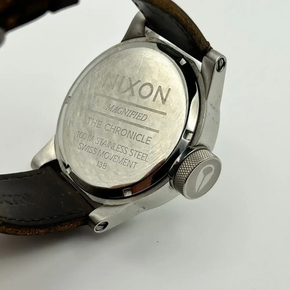 Nixon “The Chronicle” Lefty Mens Watch Silver Brown Leather Working New Battery